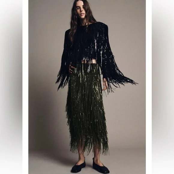 Zara ZW COLLECTION LIMITED EDITION FRINGED SEQUIN SKIRT - Picture 8 of 11